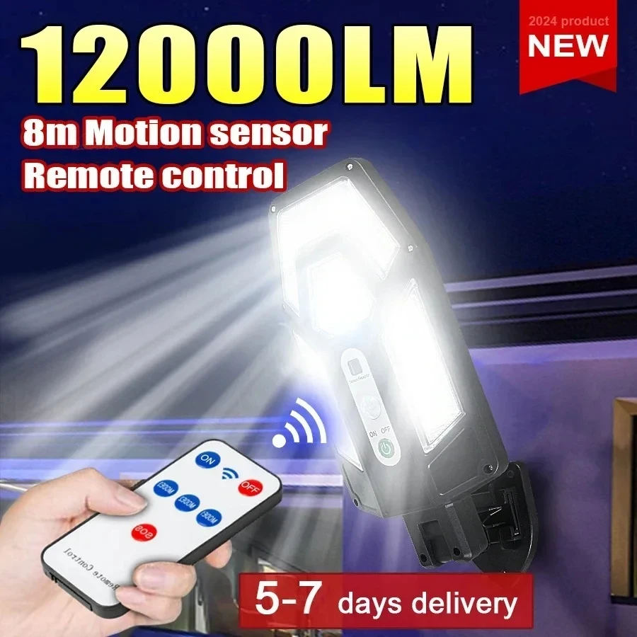 Outdoor Lighting Construction - โคมไฟติดผนังพลังงานแสงอาทิตย์ทรงพลัง 12000 ลูเมน พร้อมรีโมท ไฟส่องสว่างกลางแจ้งกันน้ำระดับ IP65