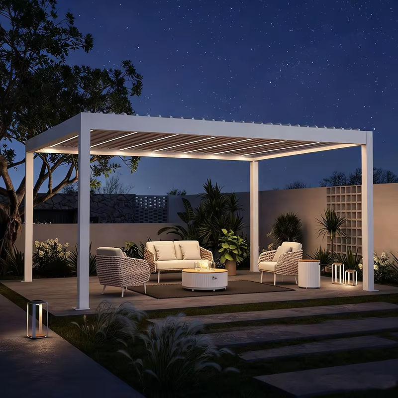 Outdoor Lighting For Gazebo - ศาลาพักผ่อนกลางแจ้งกันสนิมอย่างดี พร้อมไฟ LED และม่านปรับได้ กันฝน ศาลาทรงสี่เหลี่ยมสำหรับสวน