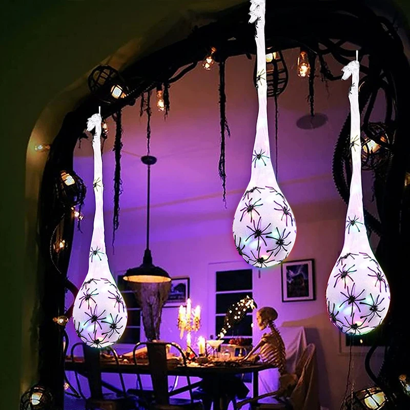Outdoor Lighting Event - ไฟประดับฮาโลวีนรูปไข่แมงมุมเรืองแสง 3 ชิ้น พร้อมใยแมงมุมเรืองแสง ตกแต่งผนังสนามหญ้า ระเบียงกลางแจ้ง