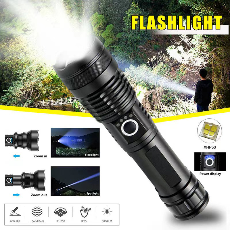 Outdoor Lighting Construction - ไฟฉาย LED กำลังสูง XHP70 USB-C ไฟฉายแบบชาร์จไฟได้ซูมได้โคมไฟมือกันน้ำสำหรับการตั้งแคมป์กลางแจ้งใช้ในกรณีฉุกเฉิน